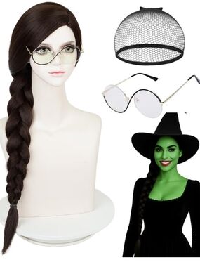 Alphaba Black Long Braided Wig with Glasses and Hair Net And Glasses